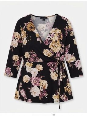 Torrid Black Floral Wrap Top Size 00X Plus Size Studio Knit Faux Wrap